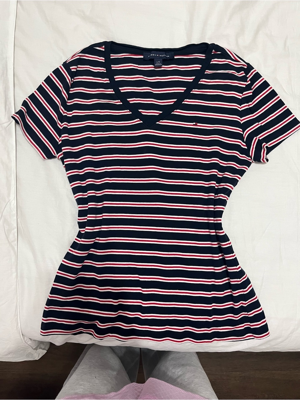 Tommy Hilfiger Navy White & Red Striped V-Neck Short Sleeve Tee